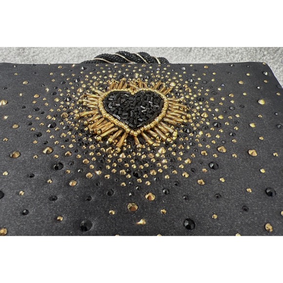 Alessia Black Box Clutch Beaded Gold Heart Rhinestone Crossbody Purse NWT Glam - Picture 8 of 8
